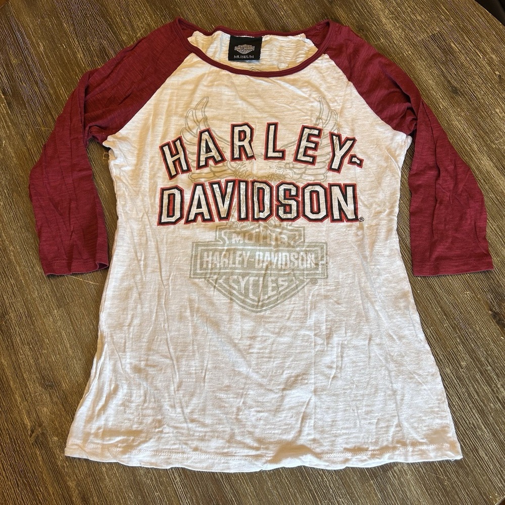 Harley-Davidson Museum Raglan Shirt Women XL White Red Milwaukee WI Cotton